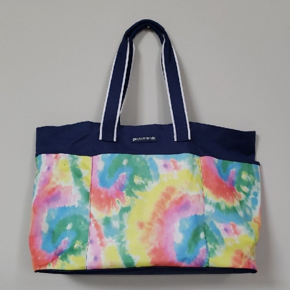 Gecko brands Tote Beach Bag Rainbow Tie Dye Navy Blue White Trim Oversized